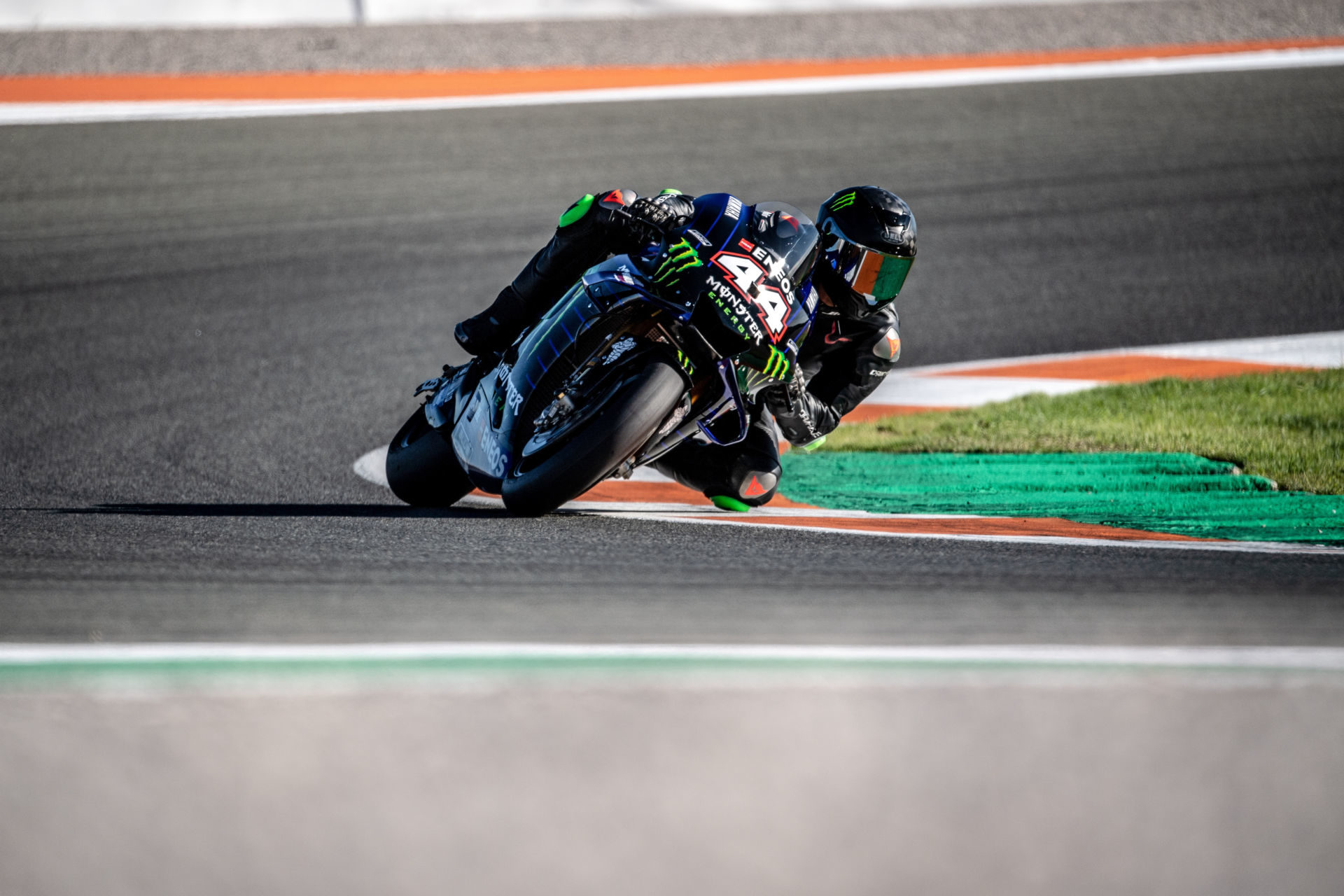 Formula One race car driver Lewis Hamilton (44) on a Monster Energy Yamaha YZR-M1 MotoGP racebike (44) at Valencia. Photo courtesy of Monster Energy Yamaha.