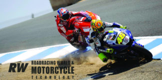 Valentino Rossi (46) making the winning move, passing Casey Stoner on the dirt heading down the Corkscrew at Laguna Seca in 2008. Photo by DPPI.