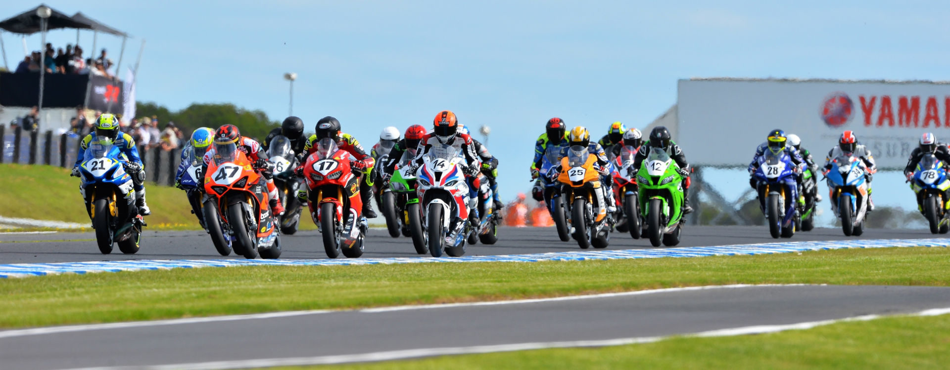 The start of an Australian Superbike race at Phillip Island in February. Photo courtesy Motorcycling Australia.