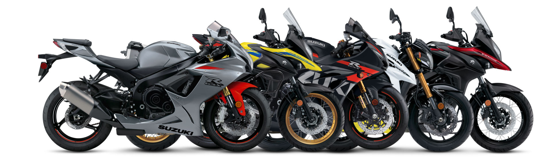 2021 model Suzuki motorcycles (from left): GSX-R750, V-Strom 650XT Adventure, GSX-R1000R, GSX-S750 ABS, and V-Strom 650XT. Photo courtesy Suzuki Motor of America, Inc.