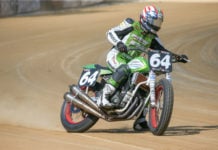Danny Eslick (64) on a Kawasaki-powered flat tracker at the Indy Mile in 2020. Photo by Scott Hunter, courtesy AFT.