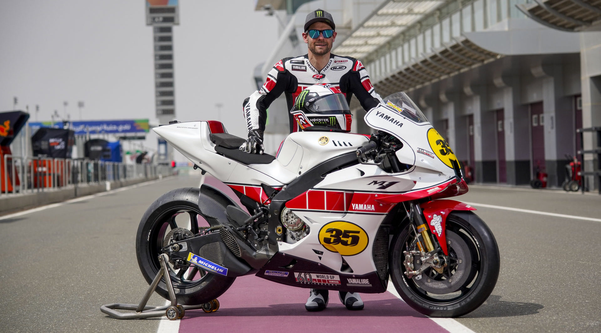 Yamaha MotoGP test rider Cal Crutchlow and his YZR-M1 in special livery to celebrate Yamaha's 60th anniversary in Grand Prix racing. Photo courtesy Yamaha.