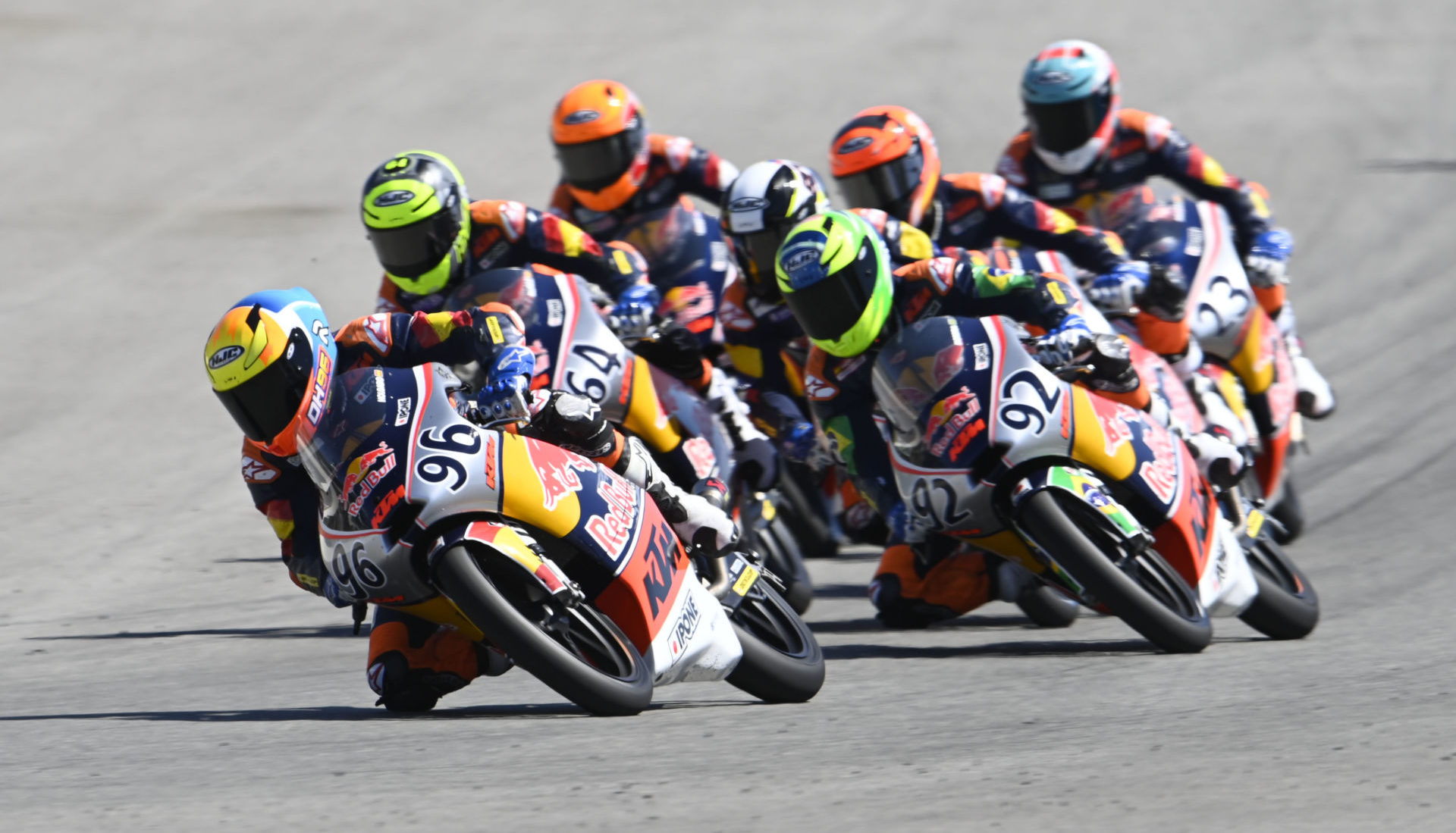 Daniel Holgado (96) leading a group of riders during Red Bull MotoGP Rookies Cup Race Two at Jerez. Photo courtesy Red Bull.