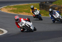 Jake Lewis (85), Hayden Gillim (69), and Miles Thornton (72) during a USGPRU Moriwaki Challenge Cup Powered by Honda race at Summit Point Raceway in 2008. Photo by etechphoto.com.