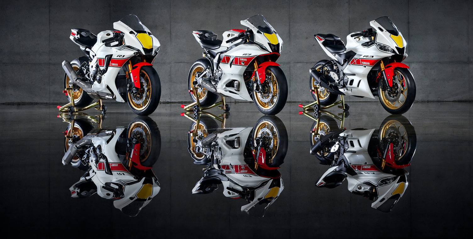 Yamaha's 2022 60th Grand Prix Anniversary Edition Supersport models (from left): YZF-R1, YZF-R7, and YZF-R3. Photo courtesy Yamaha.