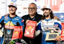 AFT SuperTwins racers JD Beach (right) and Jarod Vanderkooi (left) on the podium with Mission Foods CEO Juan Gonzalez (center). Photo courtesy AFT.