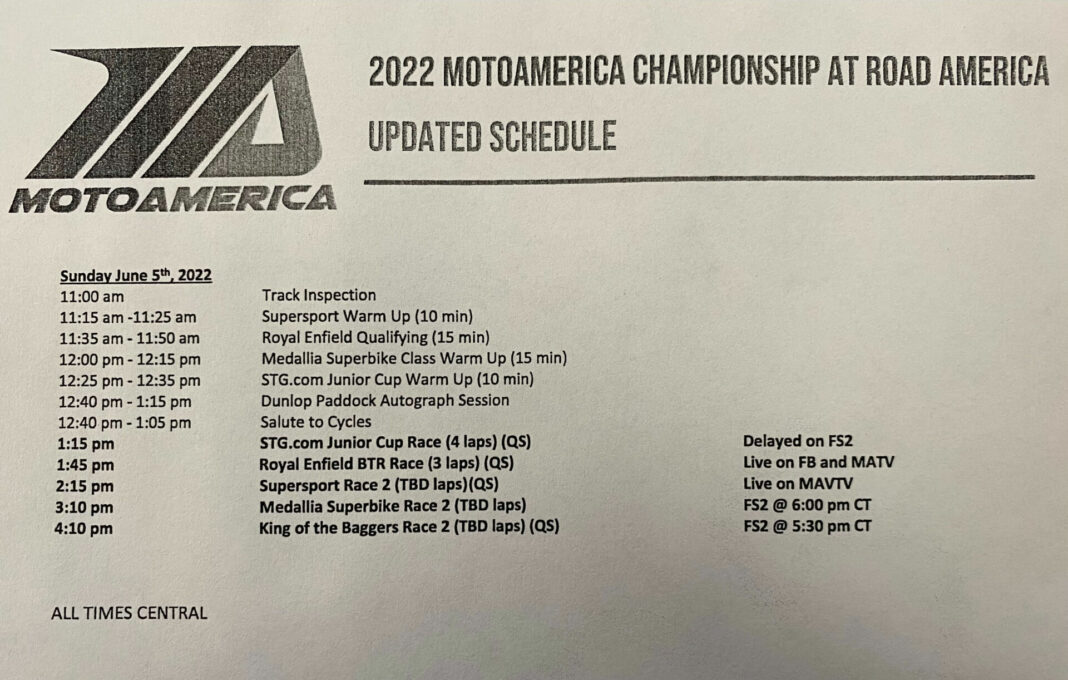 MotoAmerica Revised Sunday Schedule Released (Updated) Roadracing