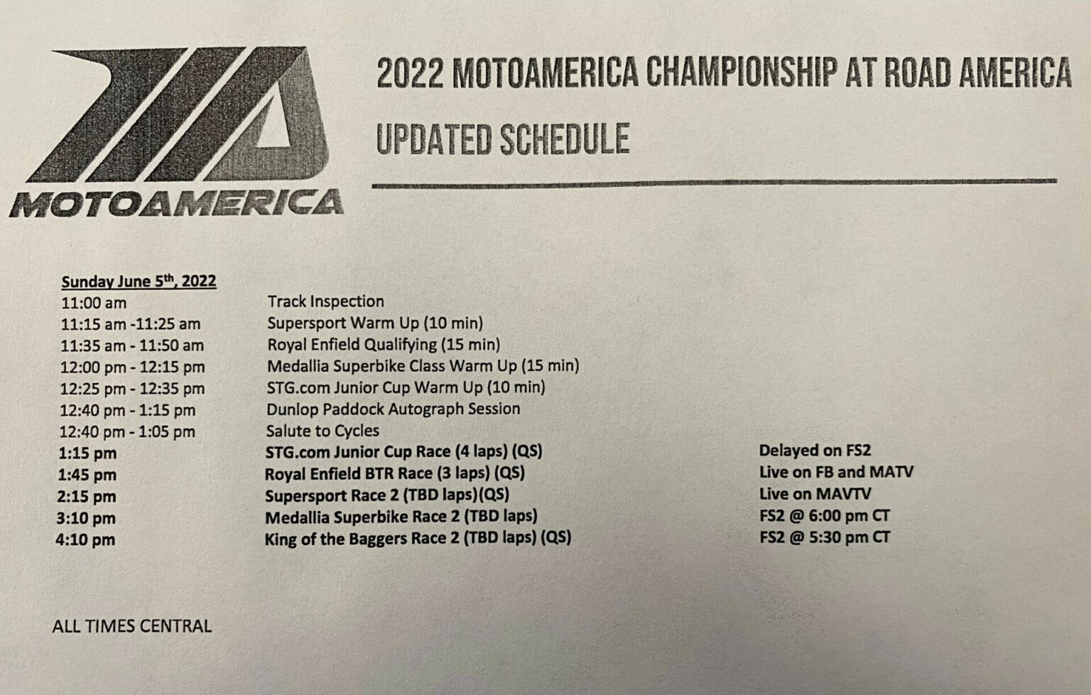MotoAmerica Revised Sunday Schedule Released (Updated) Roadracing