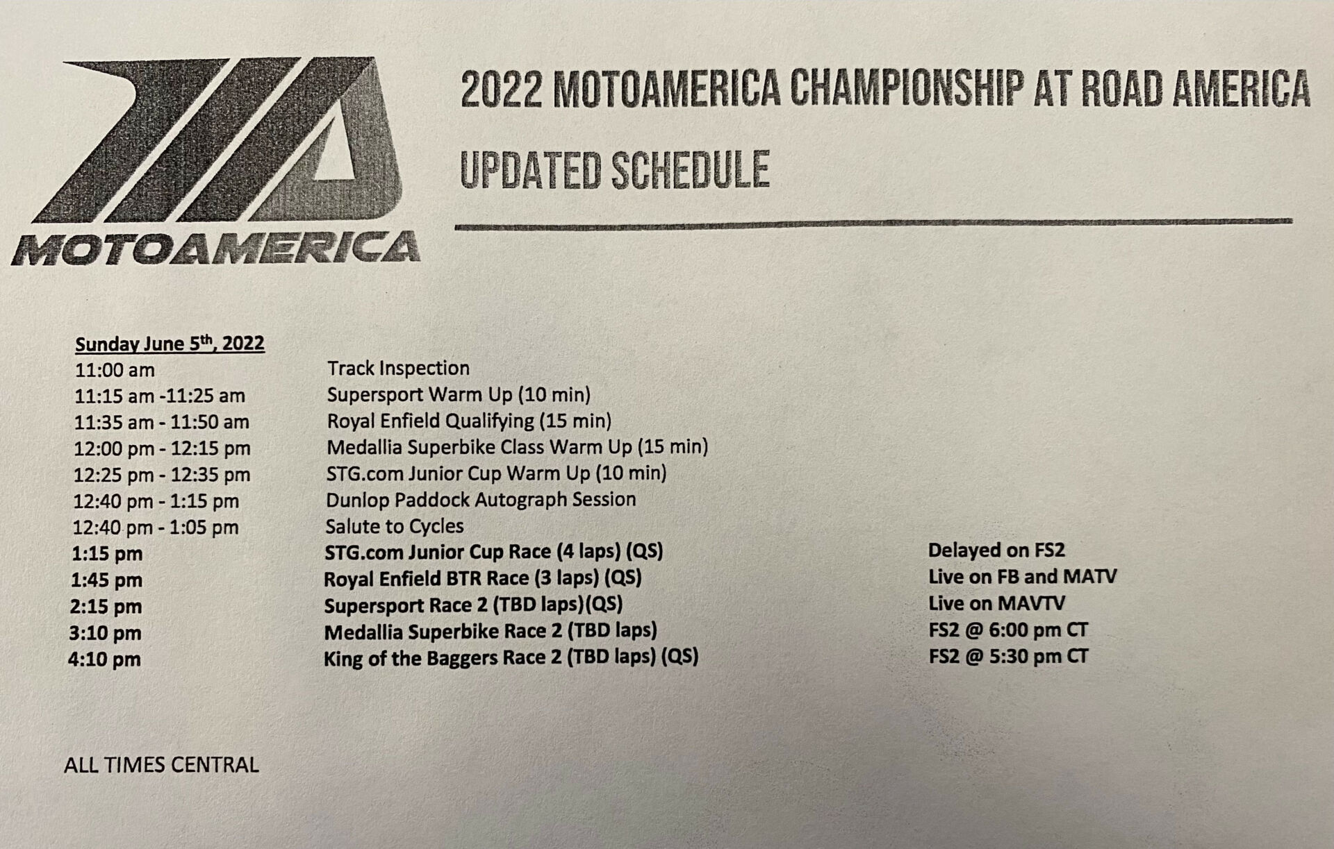 MotoAmerica Revised Sunday Schedule Released (Updated) Roadracing