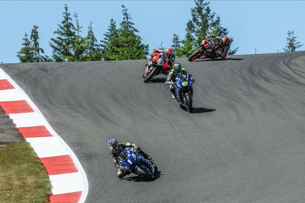 Jake Gagne (1) leads Cameron Petersen (45), Danilo Petrucci (9), and Mathew Scholtz (11) early in Superbike Race Two. Photo by Brian J. Nelson, courtesy MotoAmerica.