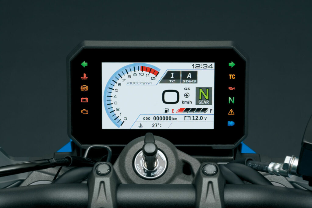 The GSX-8S features a 5-inch color TFT LCD multi-function instrument panel with a legible display offering a wide array of information to the rider in either day or night mode. Photo of European model courtesy Suzuki Motor USA, LLC.