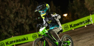 Max Zeidman, age eight, riding the new Kawasaki Elektrode electric balance bike on a dirt course at Fox Racing's headquarters in Southern California. Photo courtesy Kawasaki.