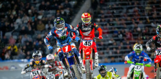 Eli Tomac (1) leads the 450SX Supercross race January 21 at Snapdragon Stadium in San Diego, California. Photo courtesy Feld Motor Sports, Inc.