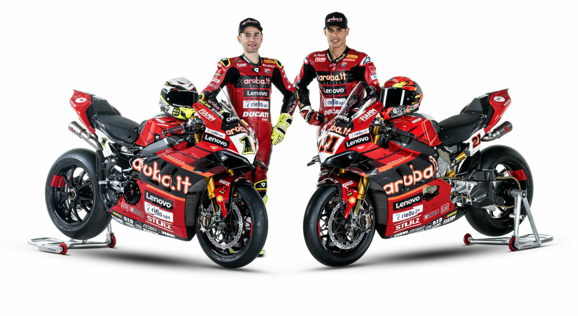 2022 Superbike World Champion Alvaro Bautista (left) and teammate Michael Rinaldi (right) with their Ducati Panigale V4 R Superbikes. Photo courtesy Ducati.