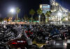 A view of the motorcycle parking area at the American Flat Track (AFT) Daytona Short Track I at Daytona International Speedway, 2023.