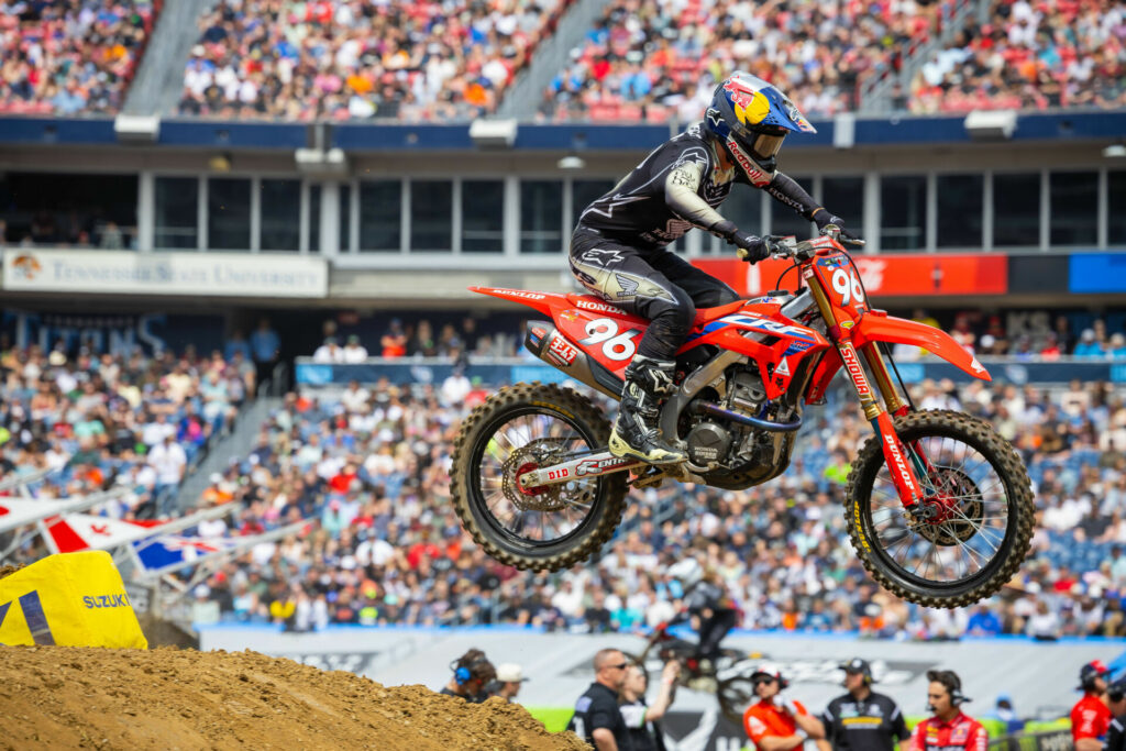 Hunter Lawrence (96) made it a Team HRC Honda sweep by taking the Nashville win and also the 2023 Eastern Regional 250SX Class Championship. Photo courtesy Feld Motor Sports, Inc.  