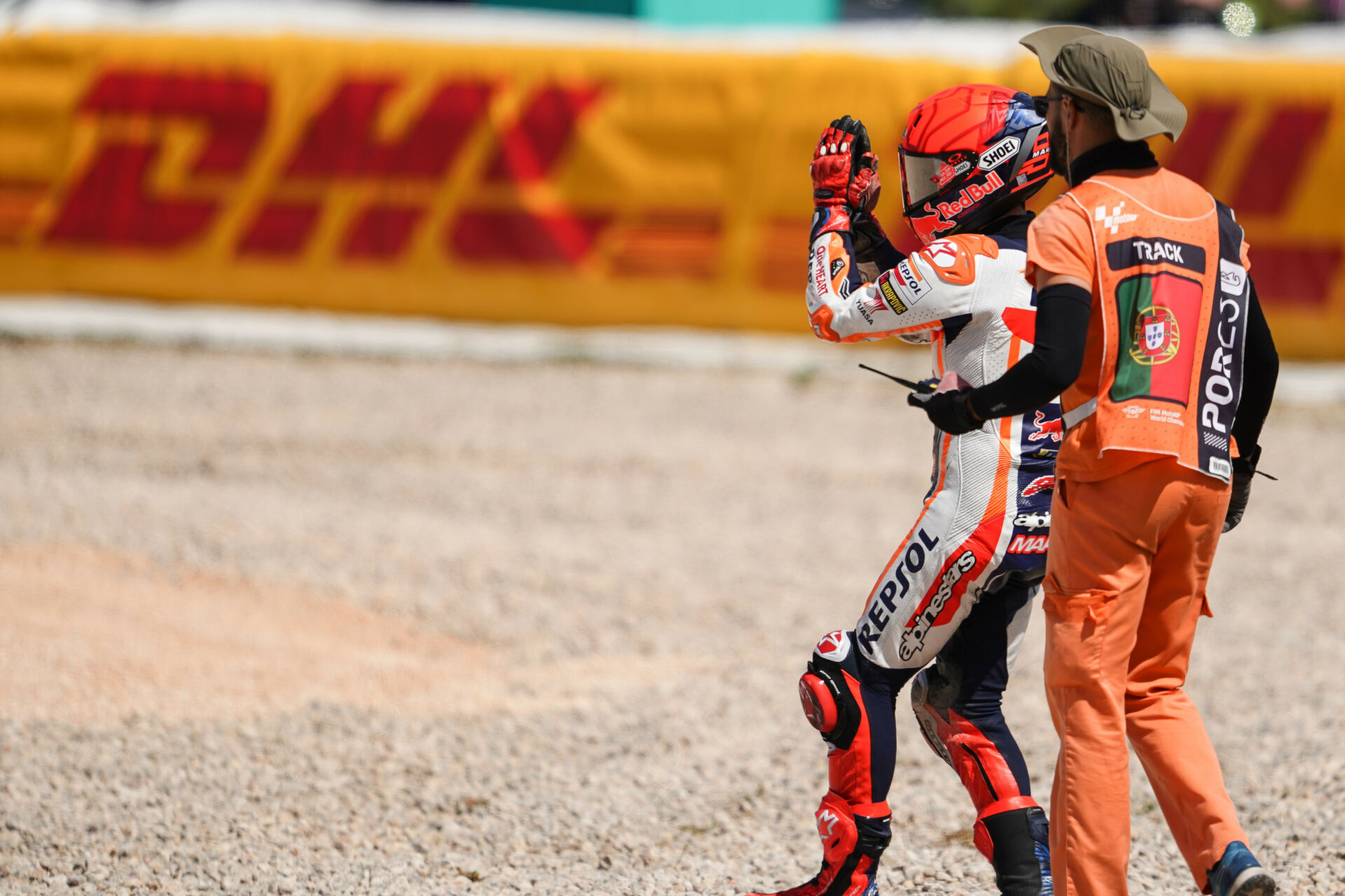 Marc Marquez, after colliding with Miguel Oliveira at Algarve International Circuit, in Portugal. Photo courtesy Repsol Honda.