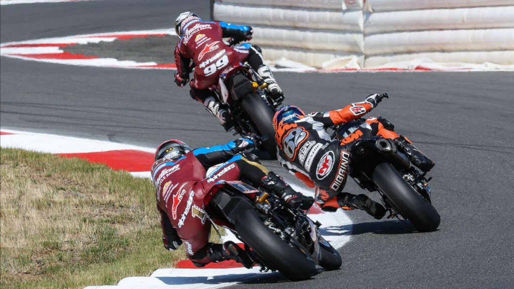Jeremy McWilliams leads Andy DiBrino and eventual winner Tyler O'Hara in the Mission Super Hooligan National Championship race on Saturday at Ridge Motorsports Park. Photo by Brian J. Nelson.