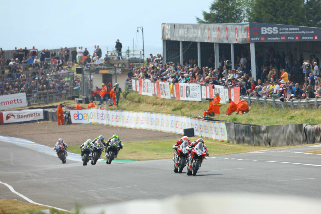 Tommy Bridewell (46) leads teammate Glenn Irwin (2) and the rest at Knockhill Circuit. Photo courtesy MSVR.