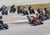 Jake Gagne (1) leads the field through the Turn One chicane at the start of Race Two at Ridge Motorsports Park. Photo by Brian J. Nelson.