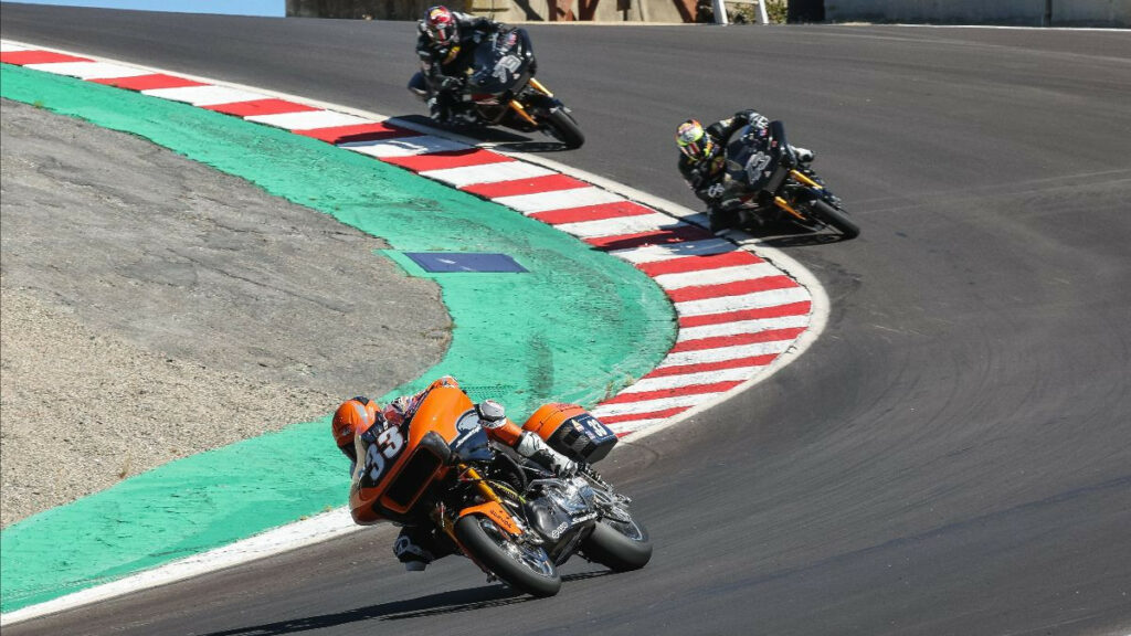 Kyle Wyman (33) bounced back from his crash on Saturday to win Sunday's Mission King Of The Baggers race at WeatherTech Raceway Laguna Seca. Photo by Brian J. Nelson.