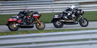 Jesse Janisch (77) and Shane Narbonne (1) in action during the Bagger Racing League event at PittRace. Photo courtesy Trask Performance.