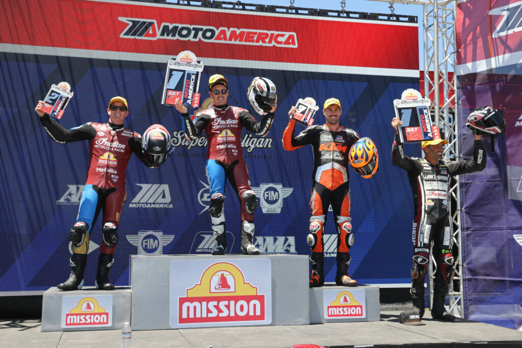 Progressive Insurance/Mission Foods Indian riders Jeremy McWilliams (center) and Tyler O'Hara (left) on the MotoAmerica Super Hooligan podium with third-place finisher Andy DiBrino at Laguna Seca. Photo by Brian J. Nelson, courtesy Indian Motorcycle.