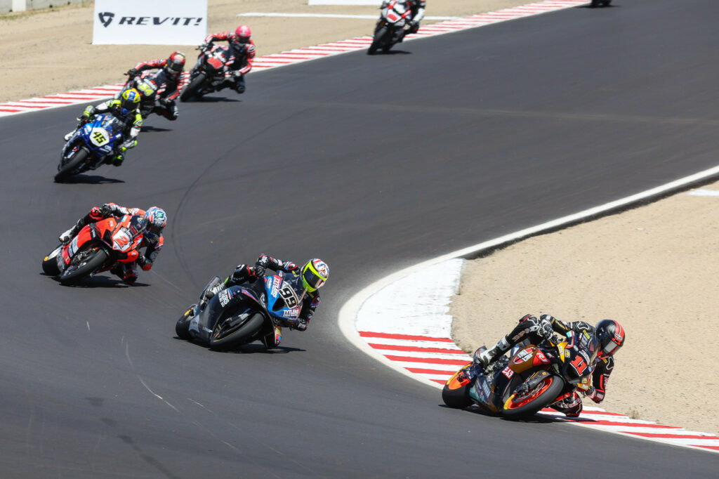 Westby Racing's Mathew Scholtz (11) leads PJ Jacobsen (99), Josh Herrin (2), Cameron Petersen (45), Richie Escalante (54), and Brandon Paasch (96) at Laguna Seca. Photo by Brian J. Nelson, courtesy Westby Racing.