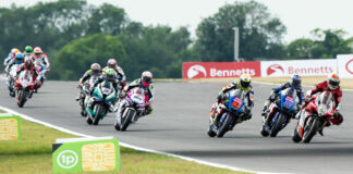 Glenn Irwin (2), Jason O'Halloran (22), and Tito Rabat (53) fight for the lead in British Superbike Race One at Snetterton. Photo courtesy MSVR.