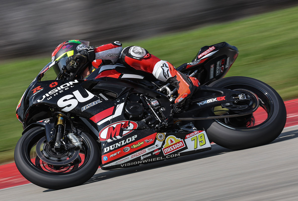 Teagg Hobbs (79) qualified strong, battling for fifth in Supersport race one. Photo by Brian J. Nelson, courtesy Suzuki Motor USA.