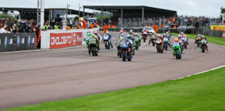 Jason O'Halloran (22) leads the field off the line in British Superbike Race One at Thruxton Circuit. Photo courtesy MSVR.