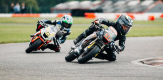MotoAmerica Mission Mini Cup by Motul racers Michael Galvis (38) and Brayden Fager (73) in action Friday on the Liberator kart track at New Jersey Motorsports Park. Photo courtesy MotoAmerica.