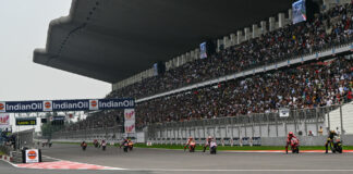 Marco Bezzecchi (72) leads early in the IndianOil Grand Prix of India MotoGP race. Photo courtesy Dorna.