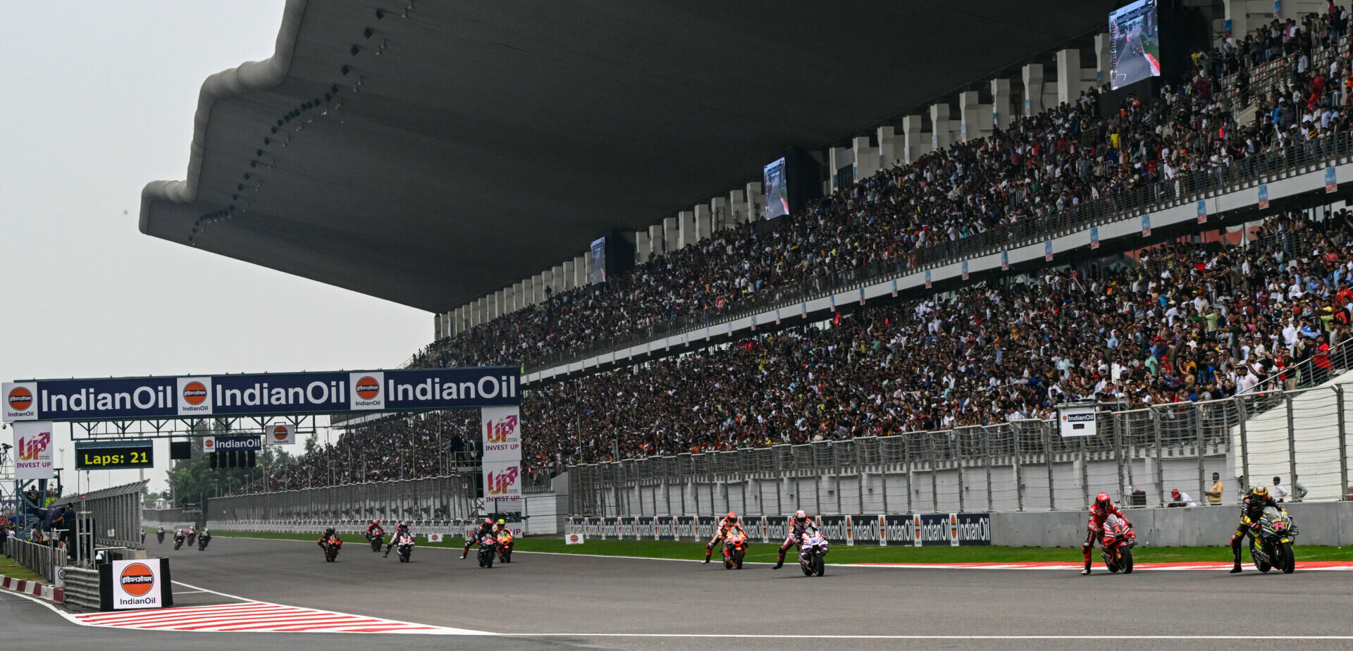 Marco Bezzecchi (72) leads early in the IndianOil Grand Prix of India MotoGP race. Photo courtesy Dorna.