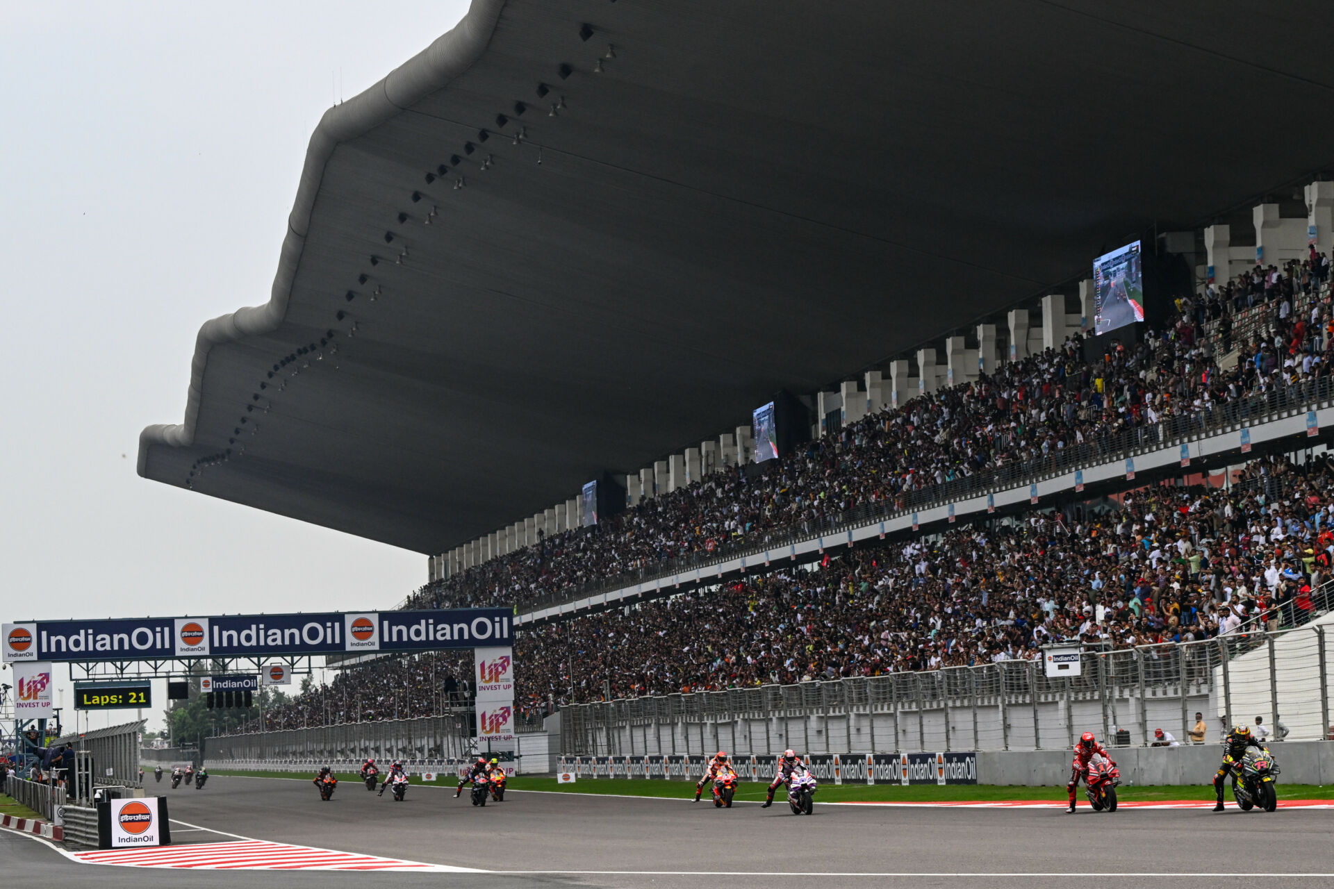 Marco Bezzecchi (72) leads early in the IndianOil Grand Prix of India MotoGP race. Photo courtesy Dorna.