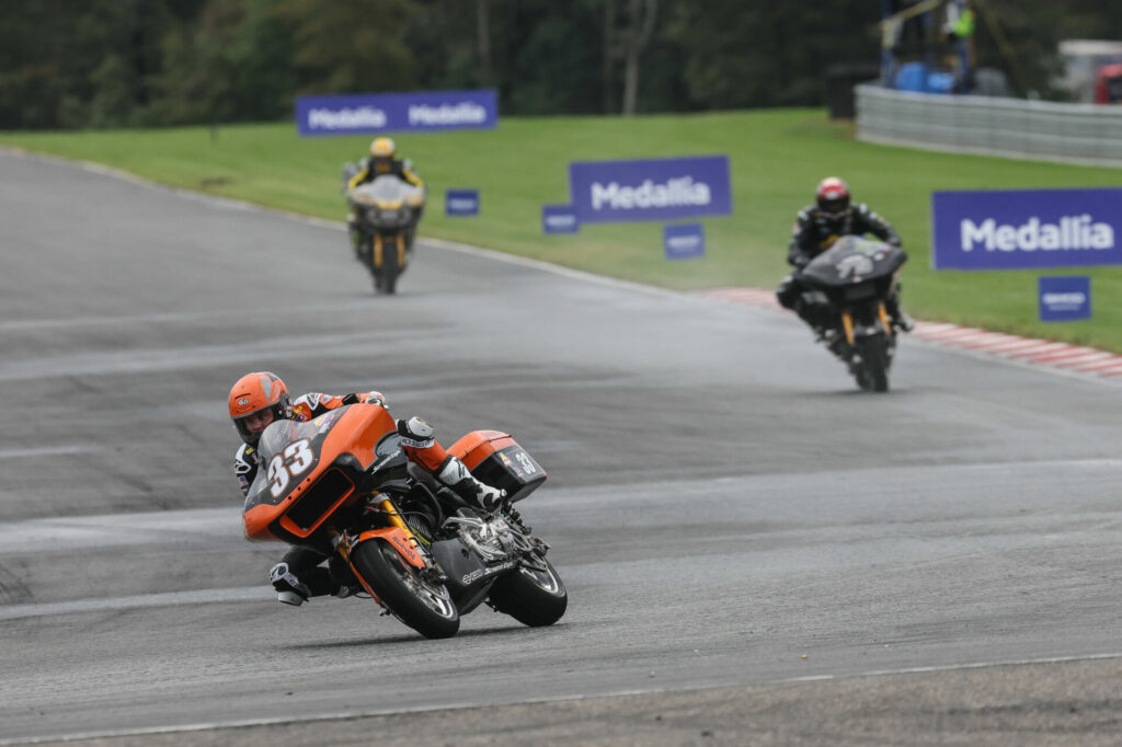 Kyle Wyman (33) leads Hayden Gillim (79) in MotoAmerica Mission King Of The Baggers Race Two at NJMP. Wyman won the race, and Gillim won the Championship. Photo courtesy Harley-Davidson.