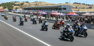 The start of MotoAmerica Superbike Race Two at Laguna Seca in 2023. Photo by Brian J. Nelson.