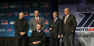 KRAVE Group/MotoAmerica partners Terry Karges (far left), Chuck Aksland (second from left), Wayne Rainey (center), and Richard Varner (far right) with AMA President Rob Dingman (second from right) at the 2018 MotoAmerica awards banquet at Barber Motorsports Park. Photo by Brian J. Nelson.