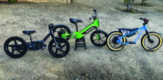 (From left) The STACYC 16e Drive, the Kawasaki Elektrode, and the SUPER73 K1D electric bikes for kids.