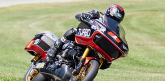 Three-time BRL Bagger GP Champion Shane Narbonne (1). Photo by Tom Punchur, courtesy CSBK.