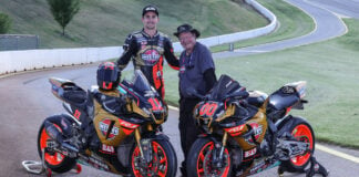 Westby Racing owner Tryg Westby (right) with rider Mathew Scholtz (left). Photo by Brian J. Nelson, courtesy Westby Racing.