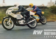 Author Mick Ofield (170) accelerating out of Castletown Corner in 1976, in his debut ride at the Southern 100. 