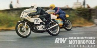 Author Mick Ofield (170) accelerating out of Castletown Corner in 1976, in his debut ride at the Southern 100. 