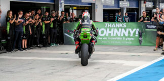 Jonathan Rea returns to pit lane at Jerez after his final race with Kawasaki. Photo courtesy Dorna.