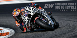 Jack Miller on a KTM RC16 with a carbon-fiber frame and camouflaged bodywork hiding experimental ground-effect aerodynamic devices on the upper fairing, in post-season testgin at Valencia. Photo by Gigi Soldano/DPPI Media.