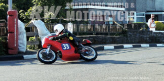 Typical real roads action shot, Brian Mateer at Castletown Corner on his 350cc Aermacchi. Spectators in their front garden are getting an up-close view, with haybales and foam padding on some of the immovable objects! Photos courtesy Mick Ofield.