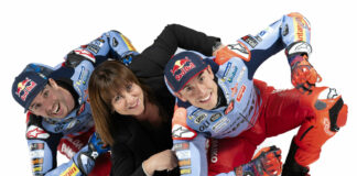 Gresini Racing Team Owner Nadia Padovani (center) with riders Alex Marquez (left) and Marc Marquez (right). Photo courtesy Gresini Racing.
