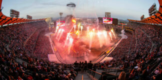 The AMA Supercross opening ceremony fireworks show at Angels Stadium in Anaheim, California. Photo courtesy Feld Motor Sports.