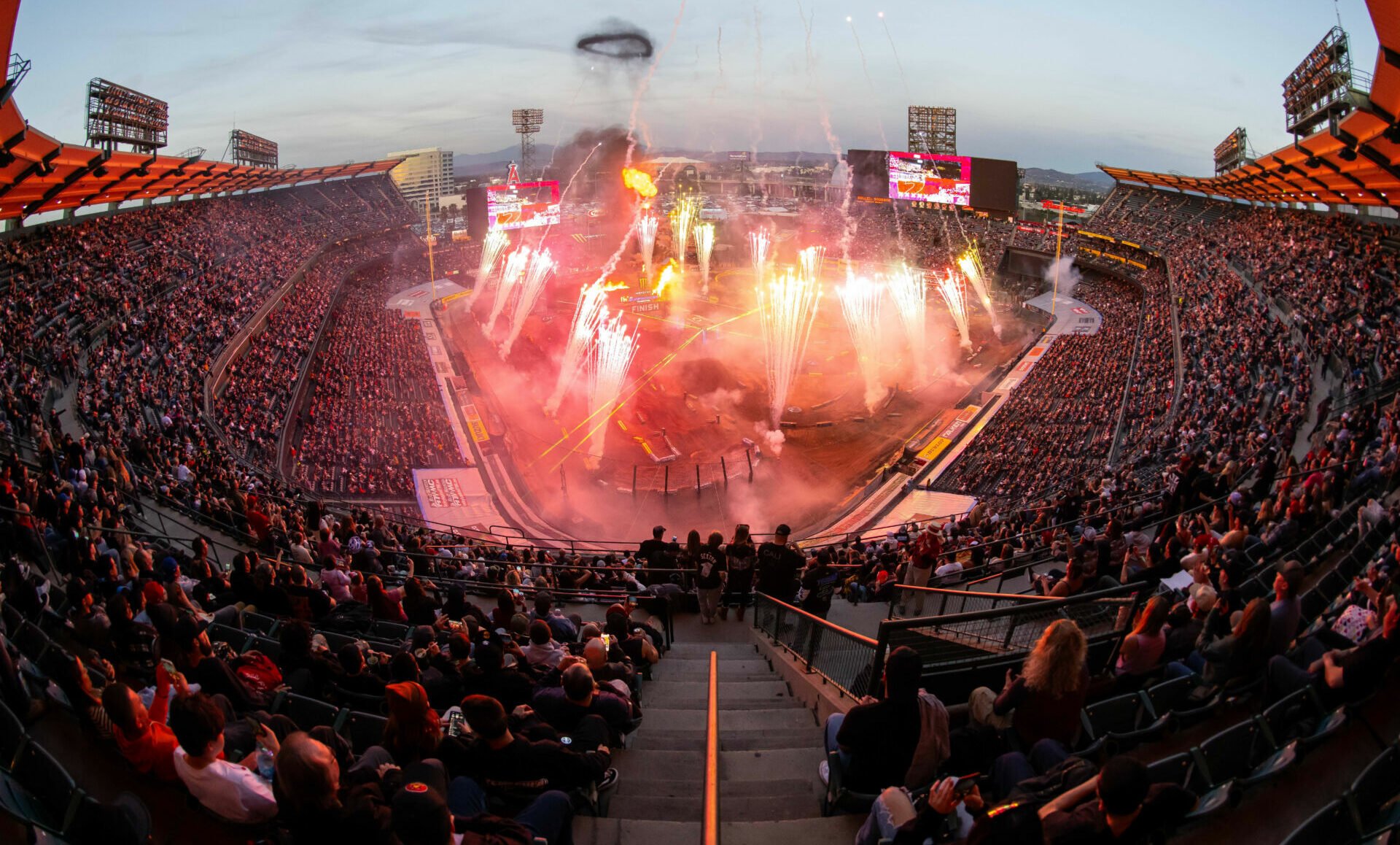 The AMA Supercross opening ceremony fireworks show at Angels Stadium in Anaheim, California. Photo courtesy Feld Motor Sports.