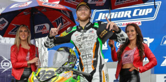 Eli Block, after winning MotoAmerica Junior Cup Race Two at New Jersey Motorsports Park in 2023. Photo by Brian J. Nelson, courtesy BARTCON Racing.